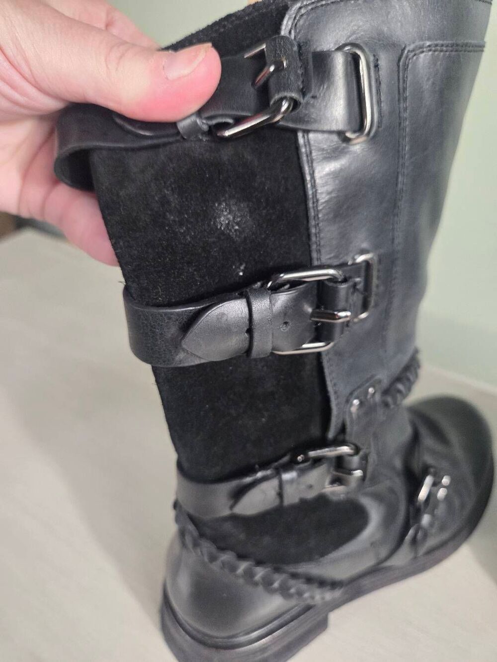 Free People Billie Buckle Leather Suede Mid-Calf Moto Boots Black Sz. 9 - Picture 12 of 13